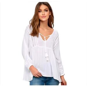 Revolve Lulu's Amuse Society Cool Breeze Relaxed Top White VTie Boho Crochet XS